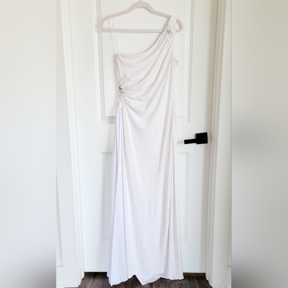 Nude White One Shoulder Crystal Sequin Evening Wedding Prom Bridal Gown Sz 8 - Picture 10 of 16